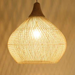 Suspension cloche 68x68cm rotin couleur naturelle et teck FOLELLI