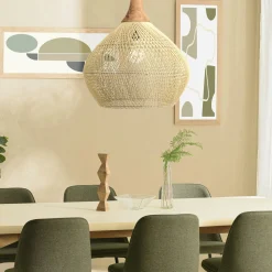 Suspension cloche 68x68cm rotin couleur naturelle et teck FOLELLI