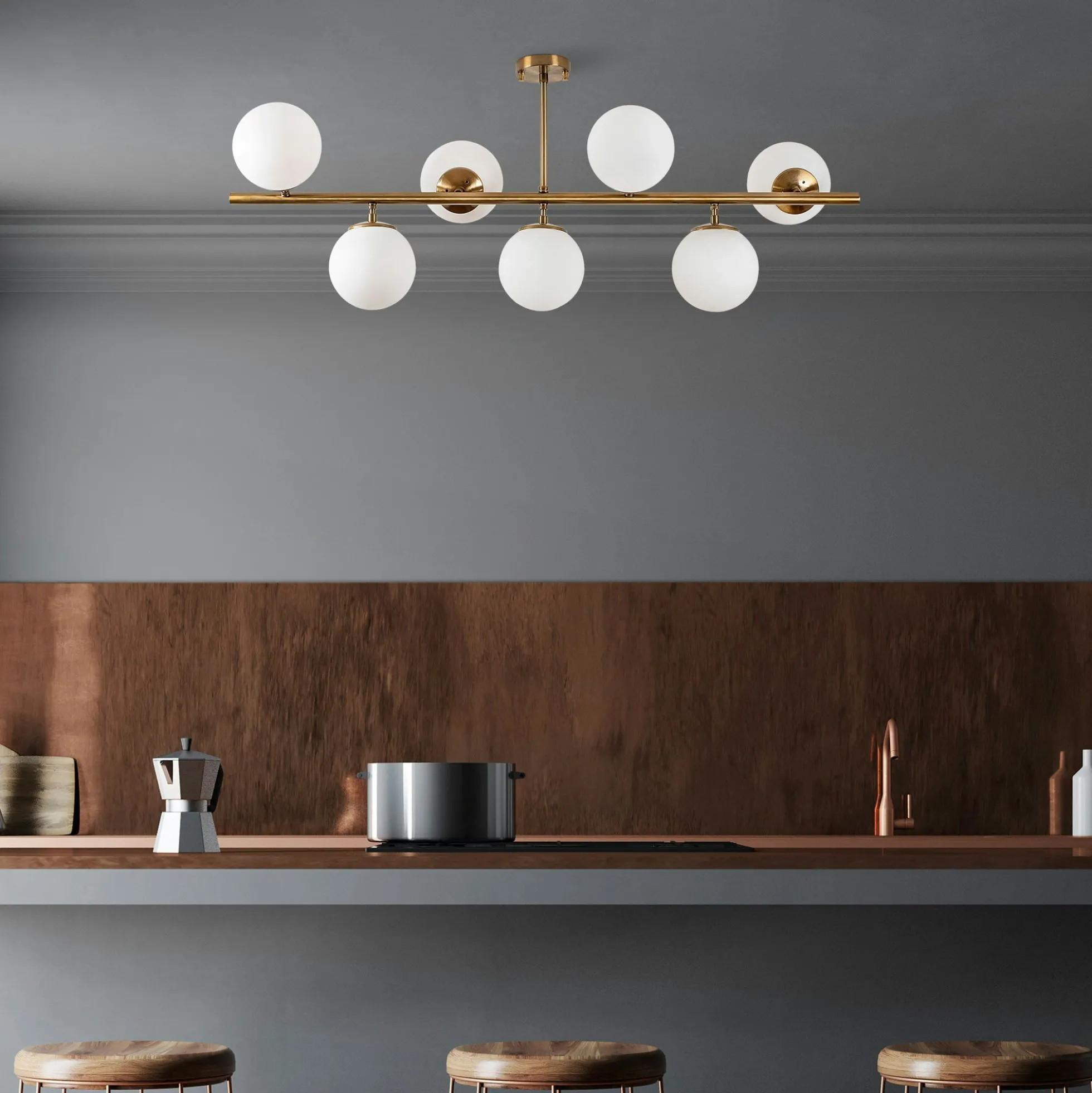 Suspension cuisine design – 7 globes sur barre SIERRE
