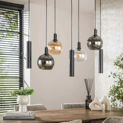 Suspension cuisine vintage - 4 globes verre, 3 cylindres NOVA
