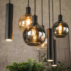 Suspension cuisine vintage - 4 globes verre, 3 cylindres NOVA