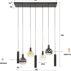 Suspension cuisine vintage - 4 globes verre, 3 cylindres NOVA