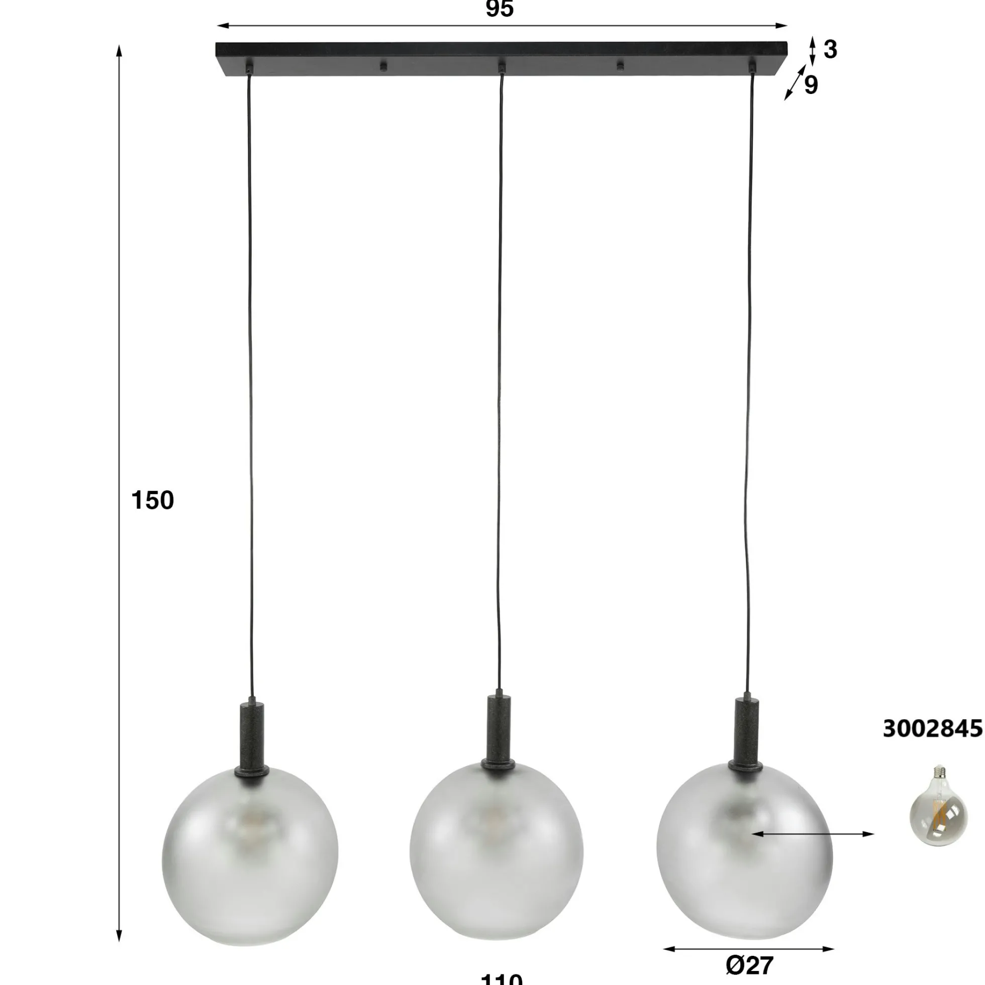 Suspension de table en verre sablé gris, 3 abat-jour RALF