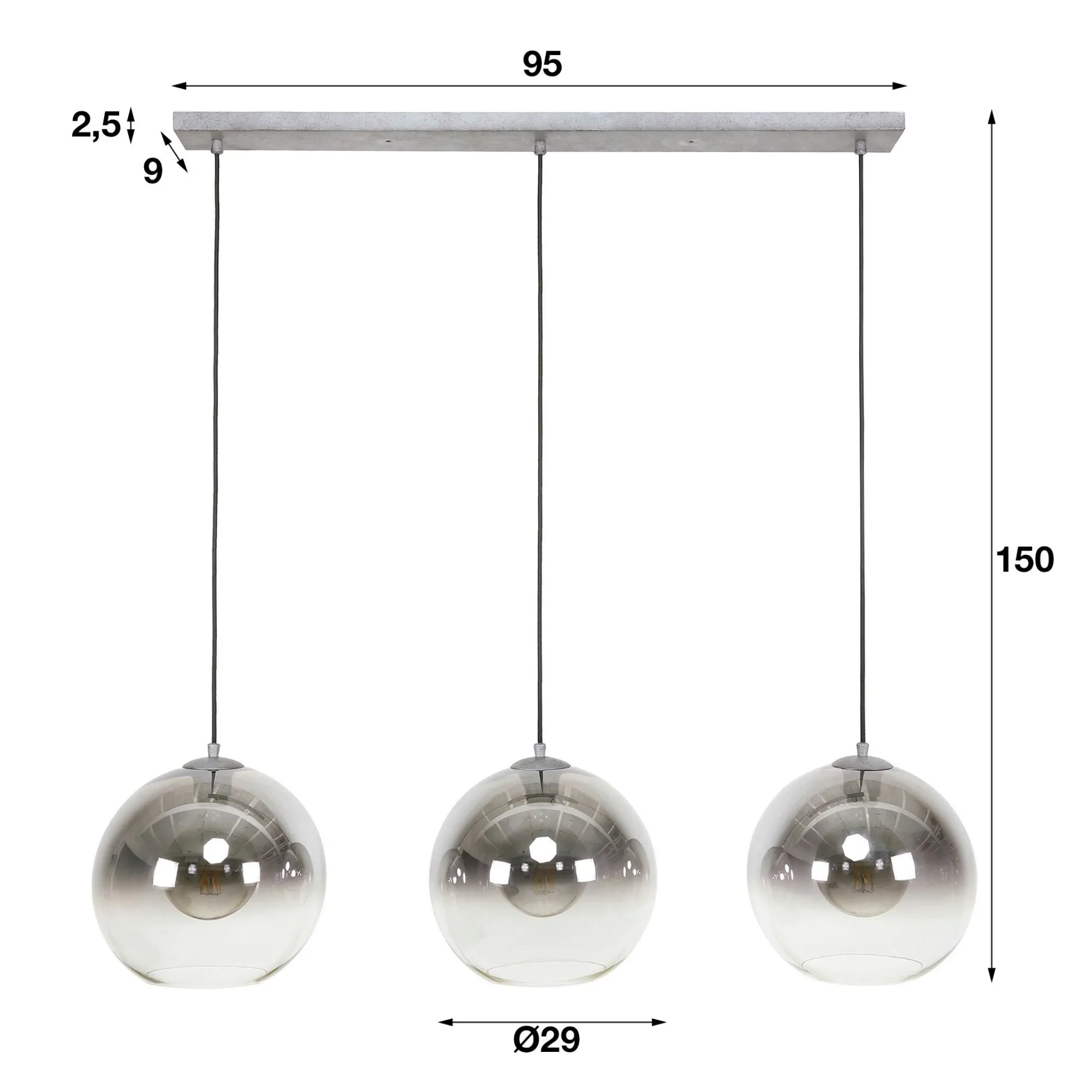 Suspension de table à manger en verre fumé 3 globes XL RALF