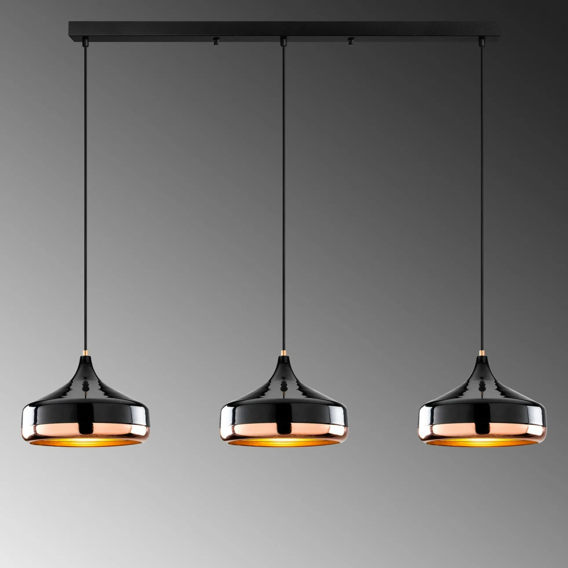 Suspension de table noire & cuivre, 3 abat-jour évasés SILE