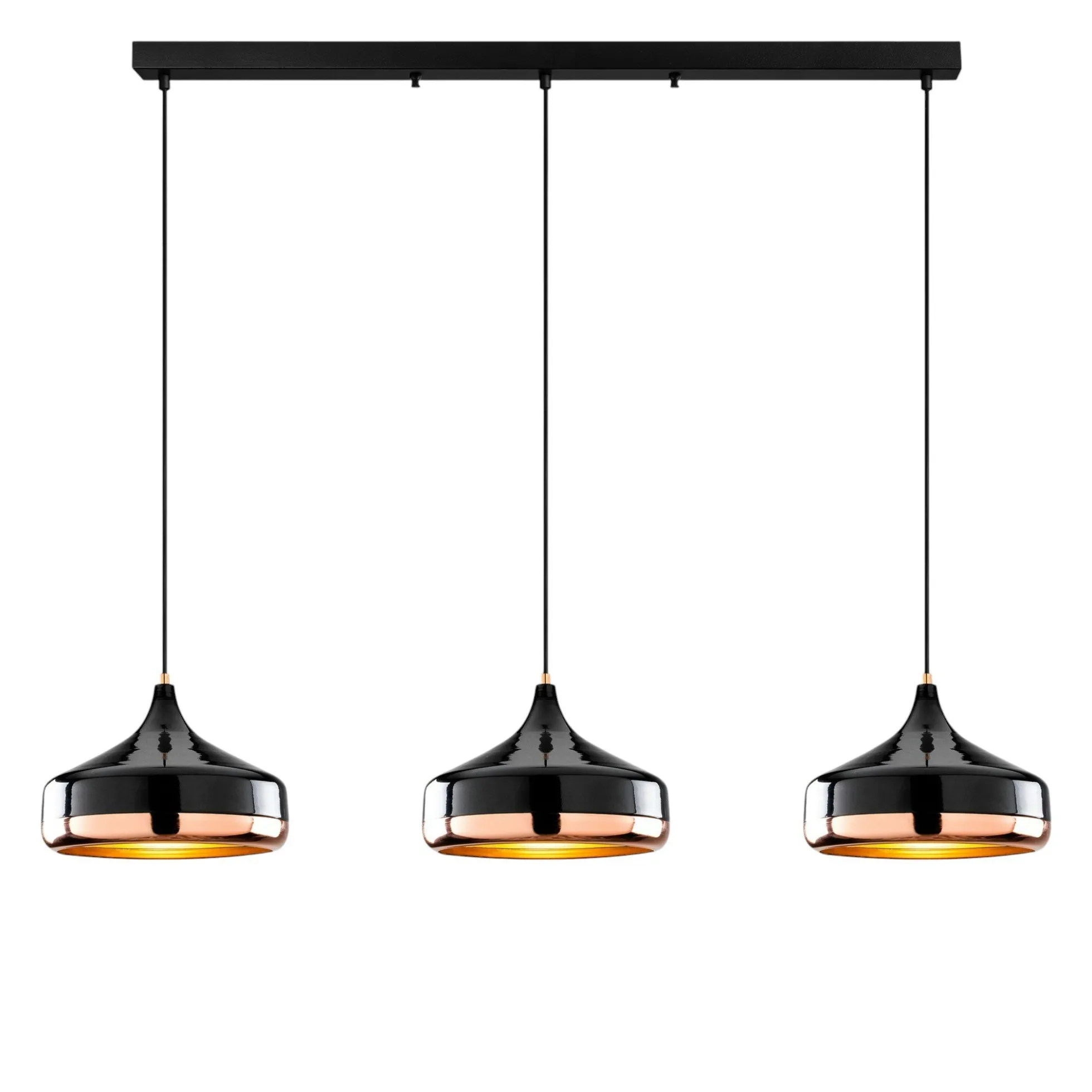 Suspension de table noire & cuivre, 3 abat-jour évasés SILE