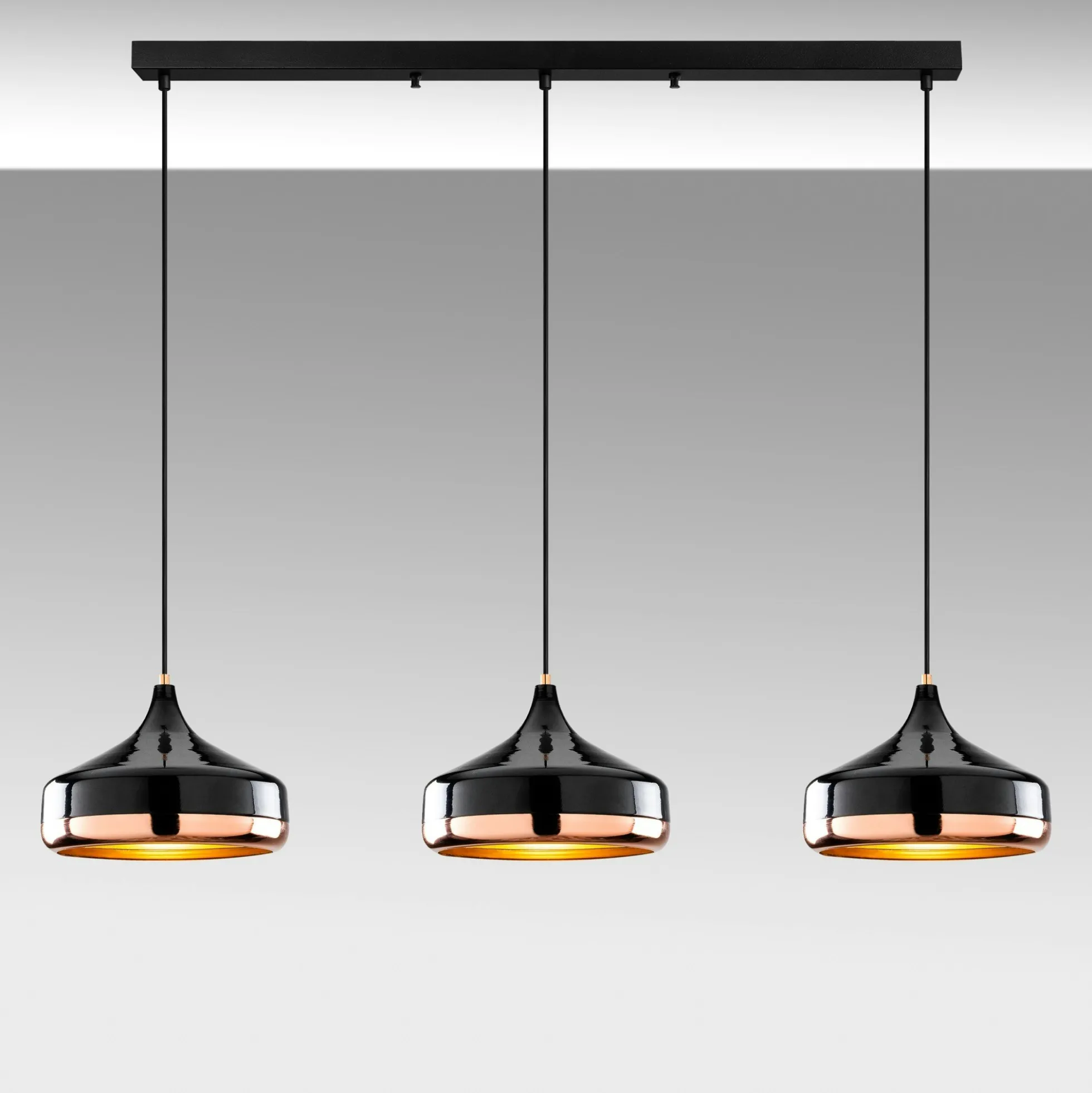 Suspension de table noire & cuivre, 3 abat-jour évasés SILE