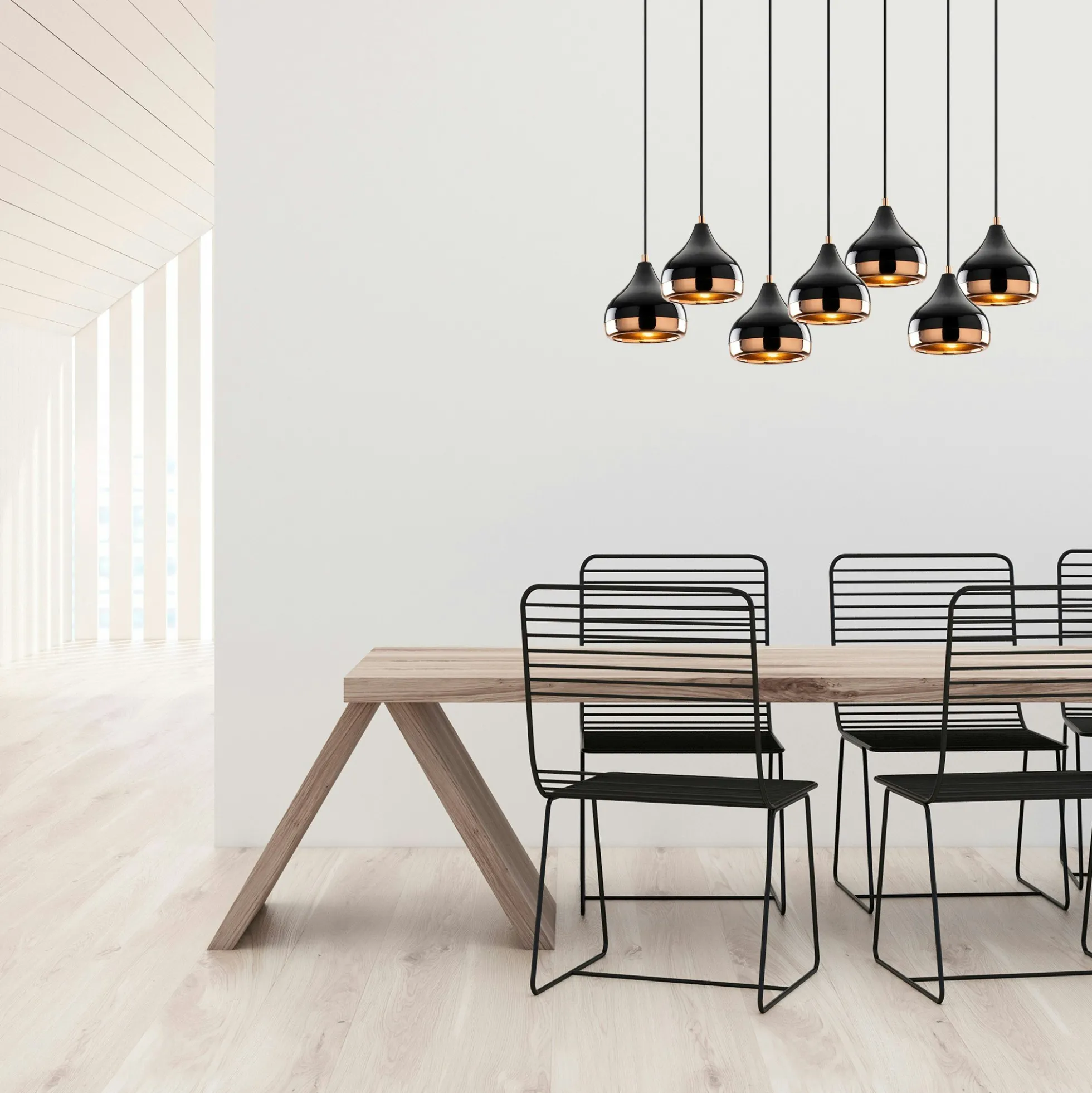 Suspension de table noire & cuivre, 7 abat-jour SILE