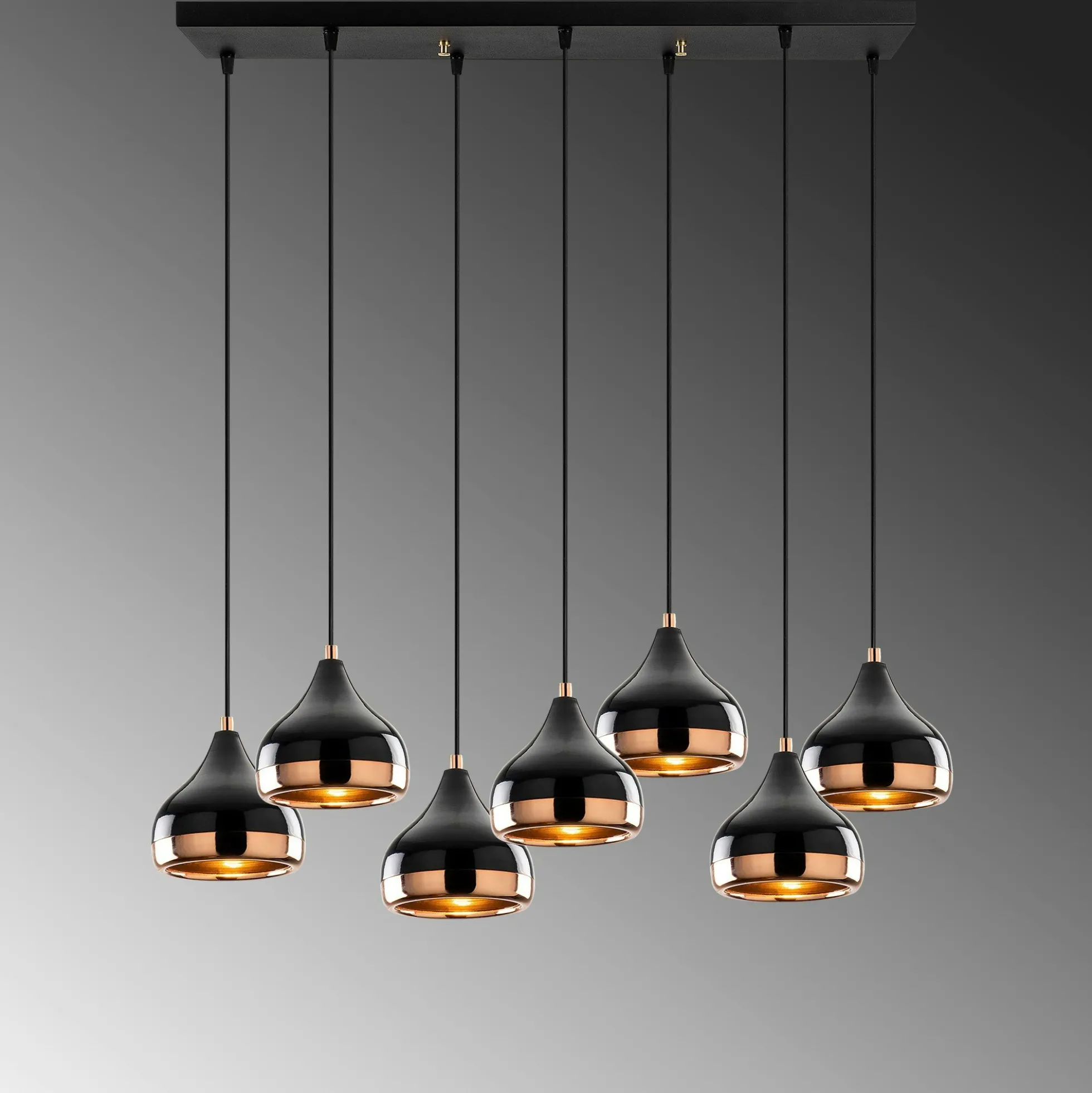 Suspension de table noire & cuivre, 7 abat-jour SILE