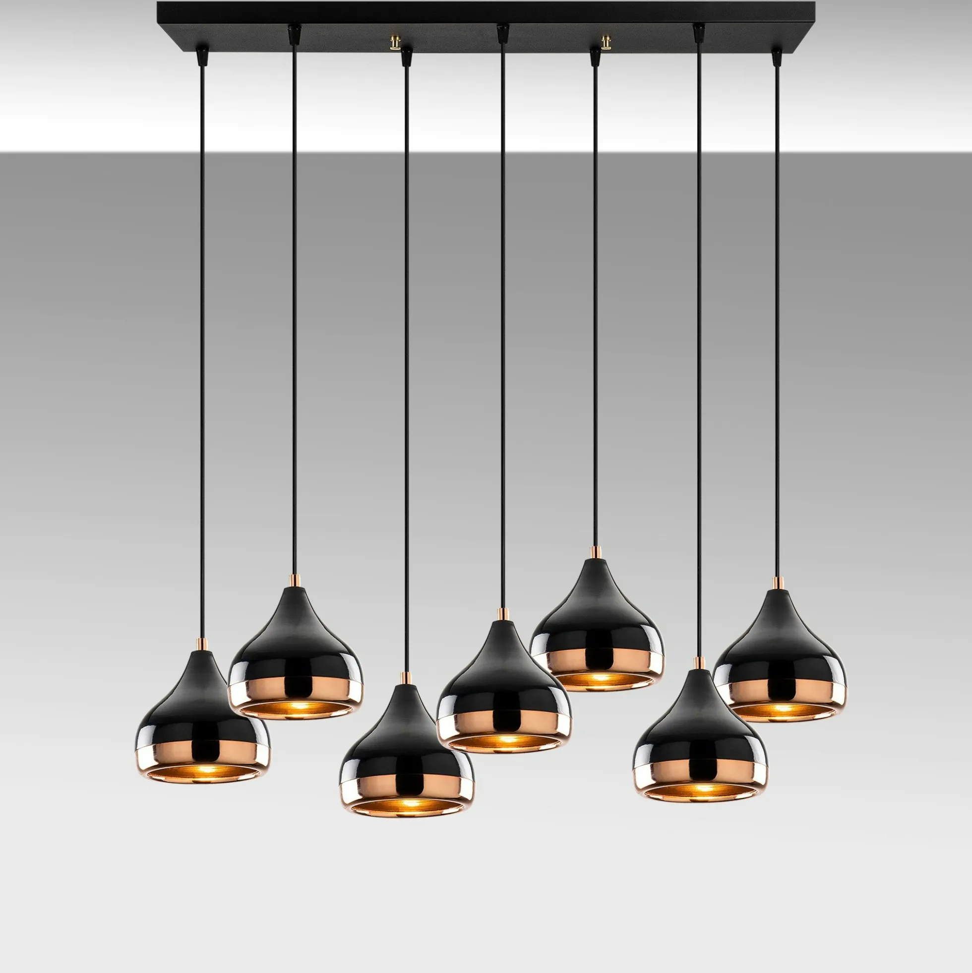 Suspension de table noire & cuivre, 7 abat-jour SILE