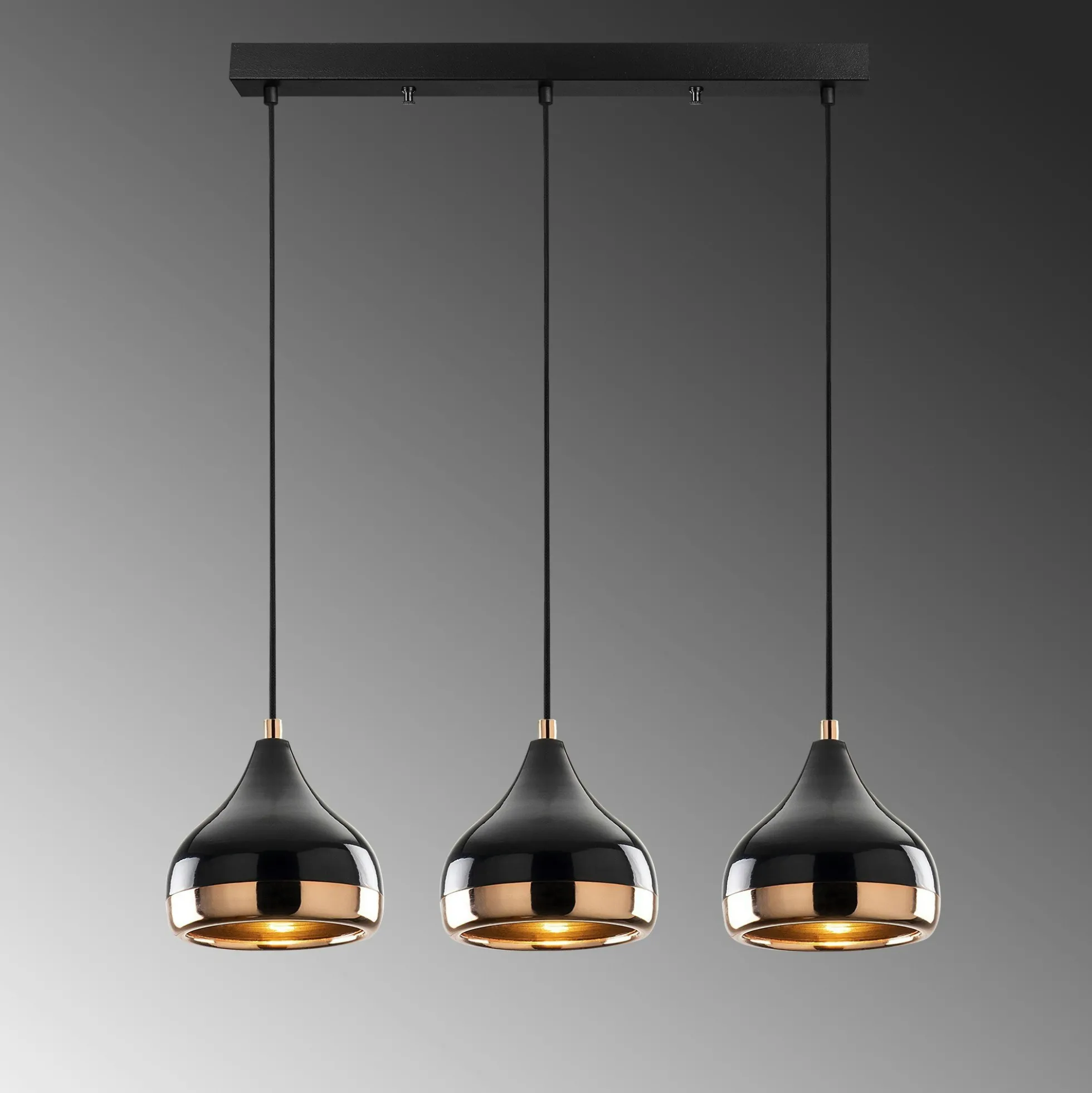 Suspension de table noire et cuivre, 3 abat-jour SILE