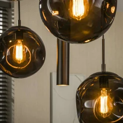 Suspension de table verre brun métal bronze 9 lampes NIAGARA