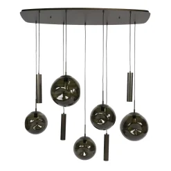 Suspension de table verre brun métal bronze 9 lampes NIAGARA