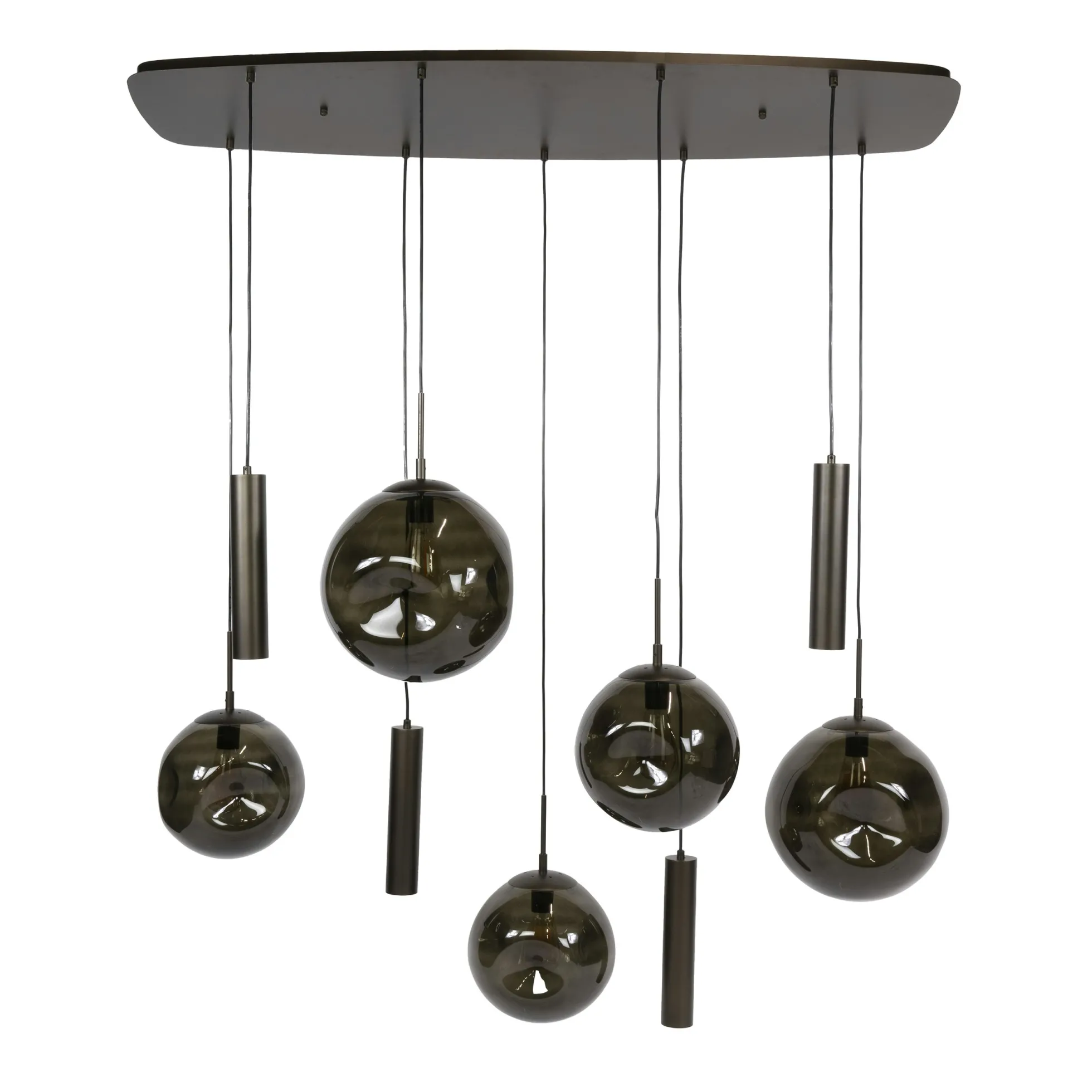 Suspension de table verre brun métal bronze 9 lampes NIAGARA