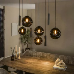 Suspension de table verre brun métal bronze 9 lampes NIAGARA
