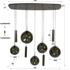 Suspension de table verre brun métal bronze 9 lampes NIAGARA