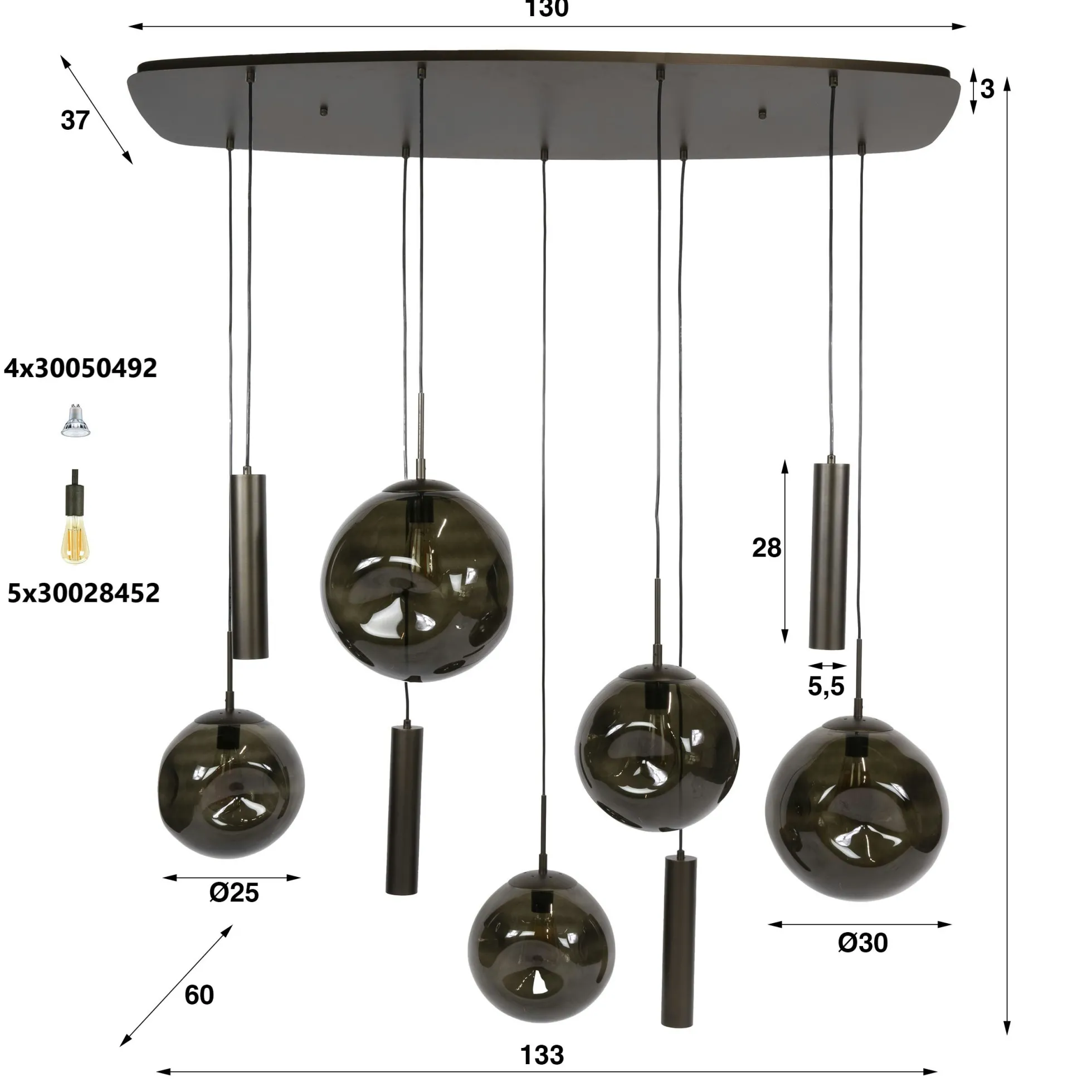 Suspension de table verre brun métal bronze 9 lampes NIAGARA