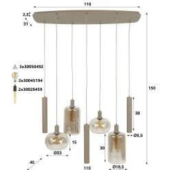 Suspension de table verre et métal beige 7 lampes NIAGARA