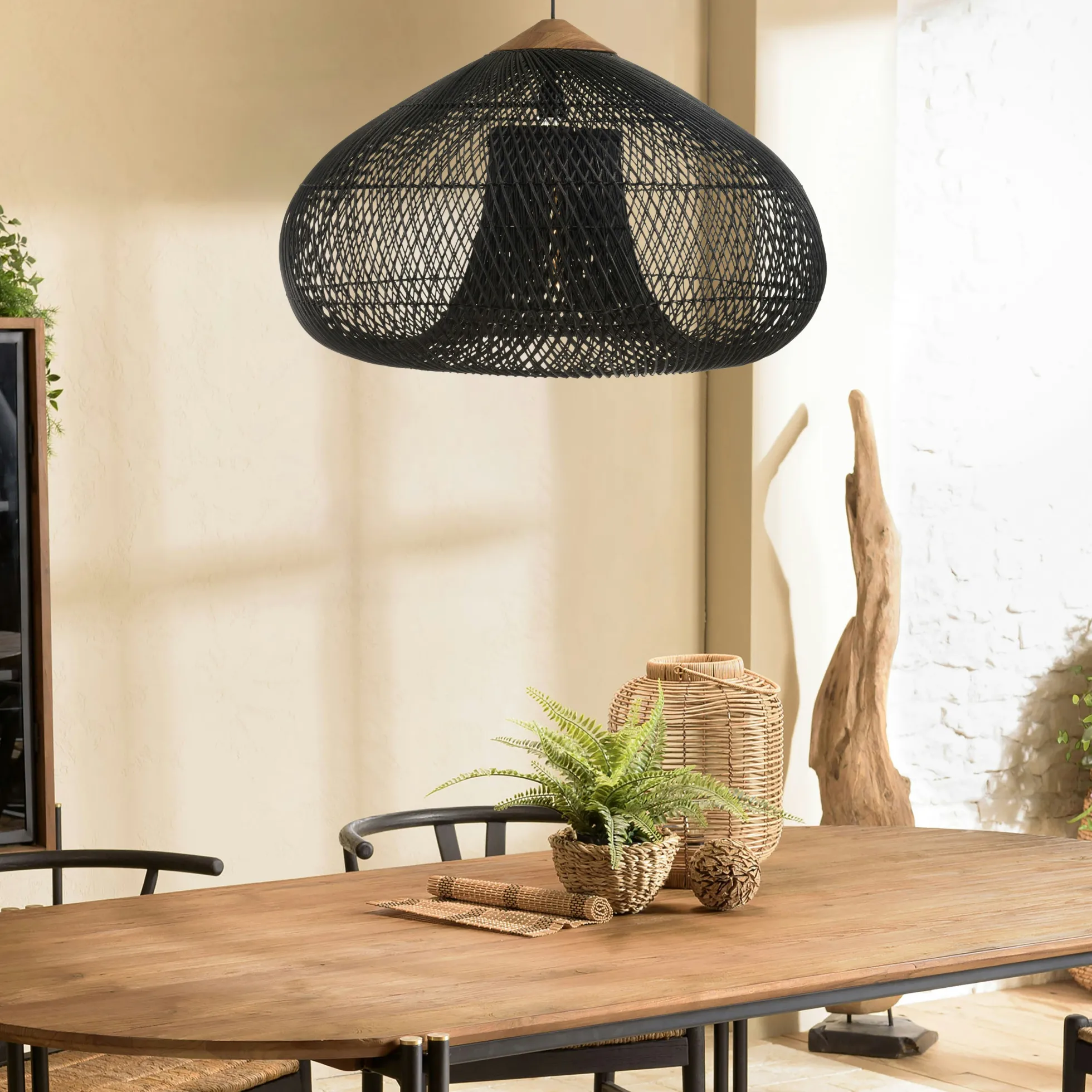 Suspension entonnoir 80x80cm rotin couleur noire/teck FOLELLI