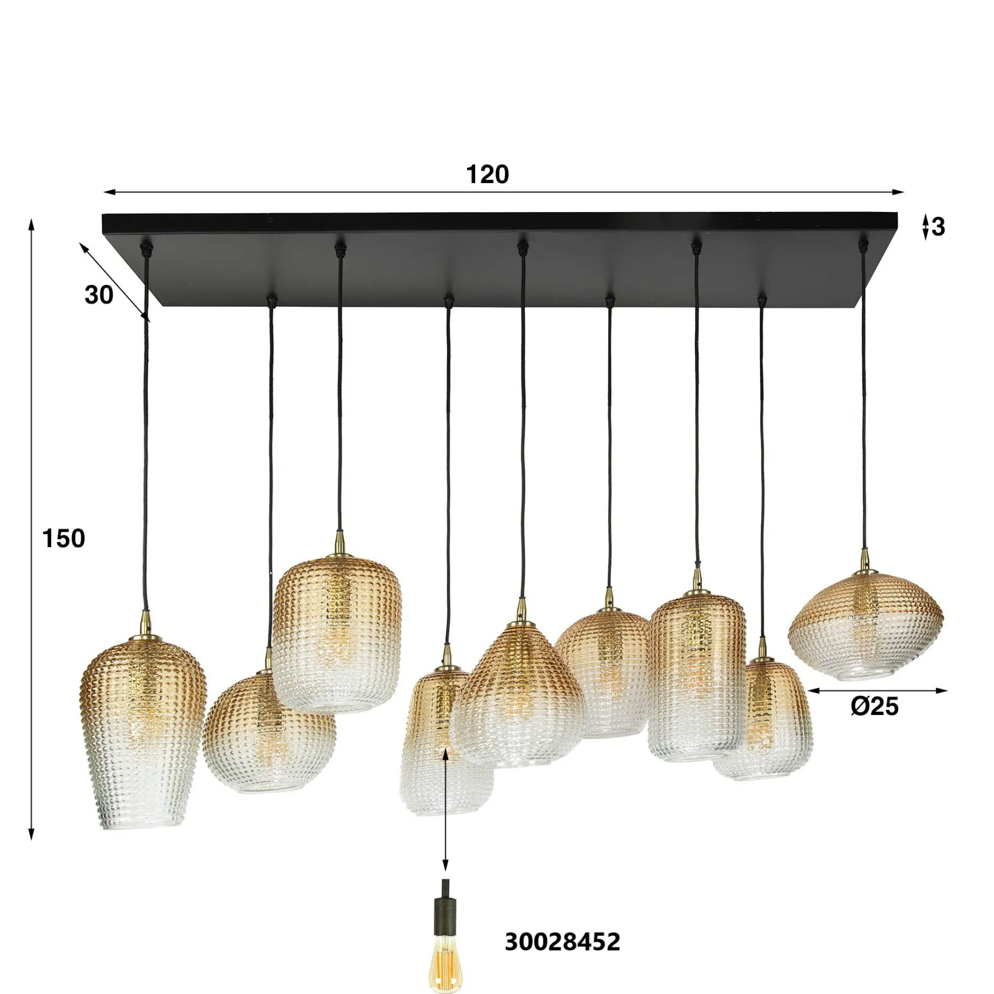 Suspension en verre ambré motif pois 9 abat-jour NOVA