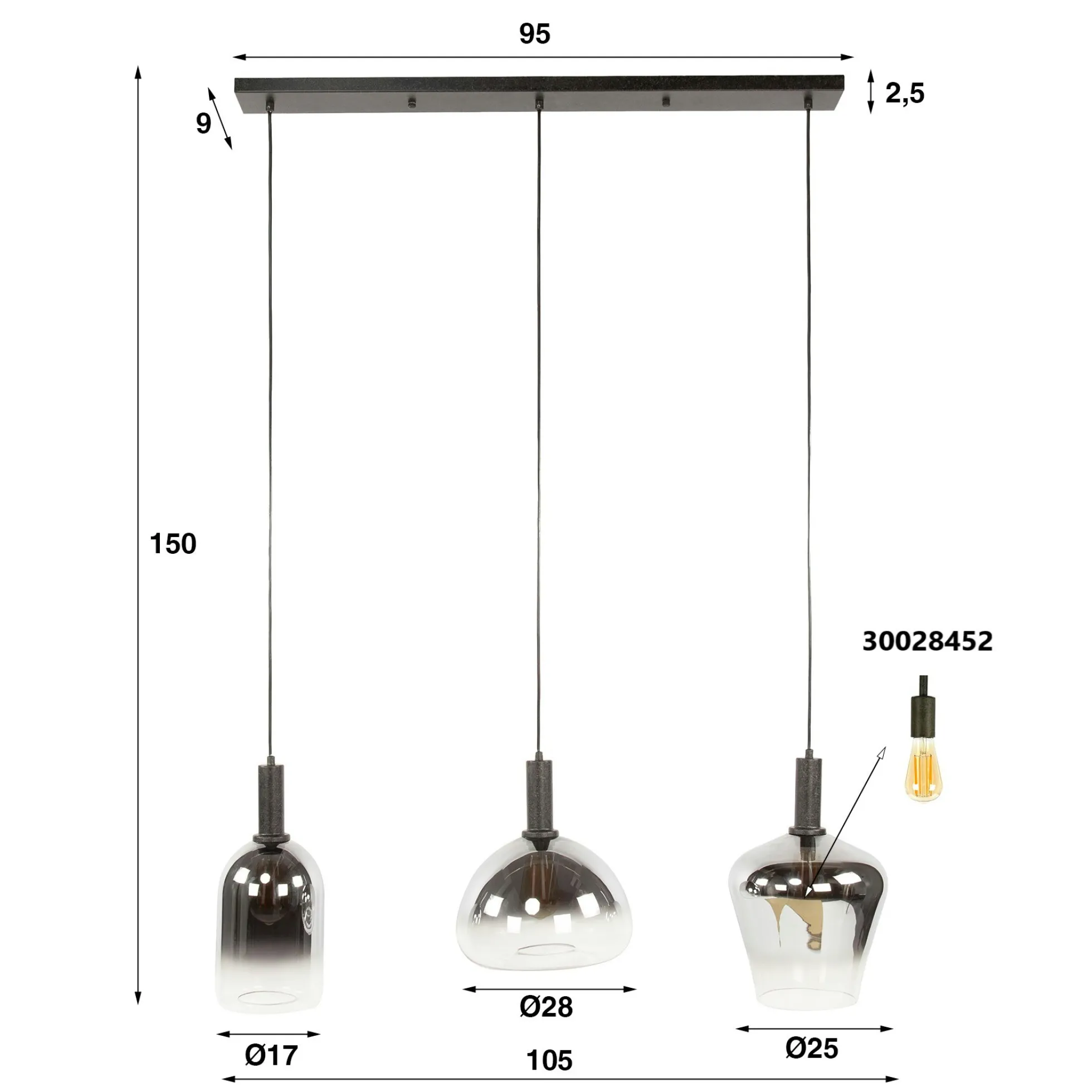 Suspension en verre fumé – 3 formes NOVA