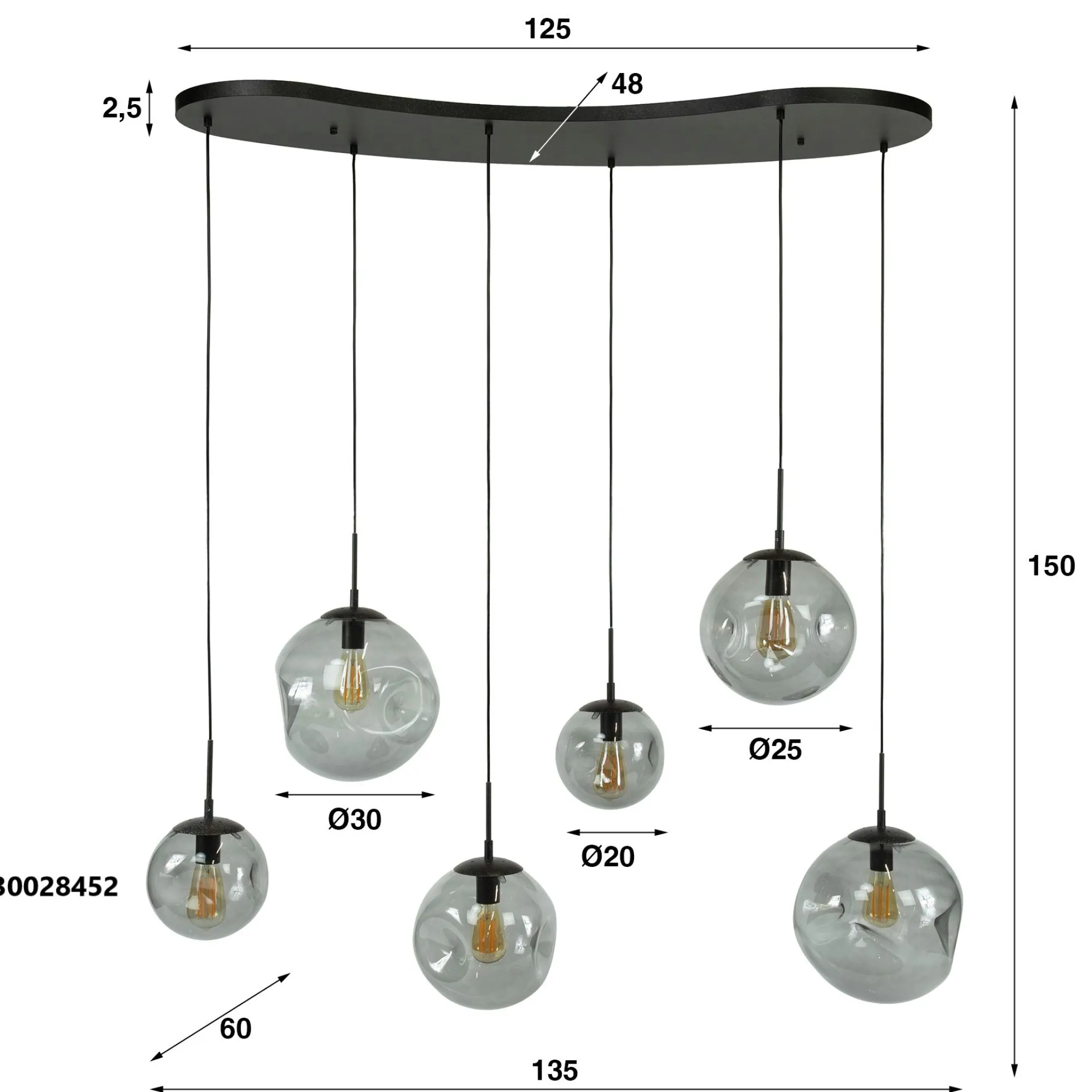 Suspension en verre fumé – 6 globes déformés NIAGARA