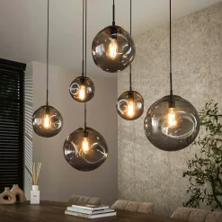 Suspension en verre fumé – 6 globes déformés NIAGARA