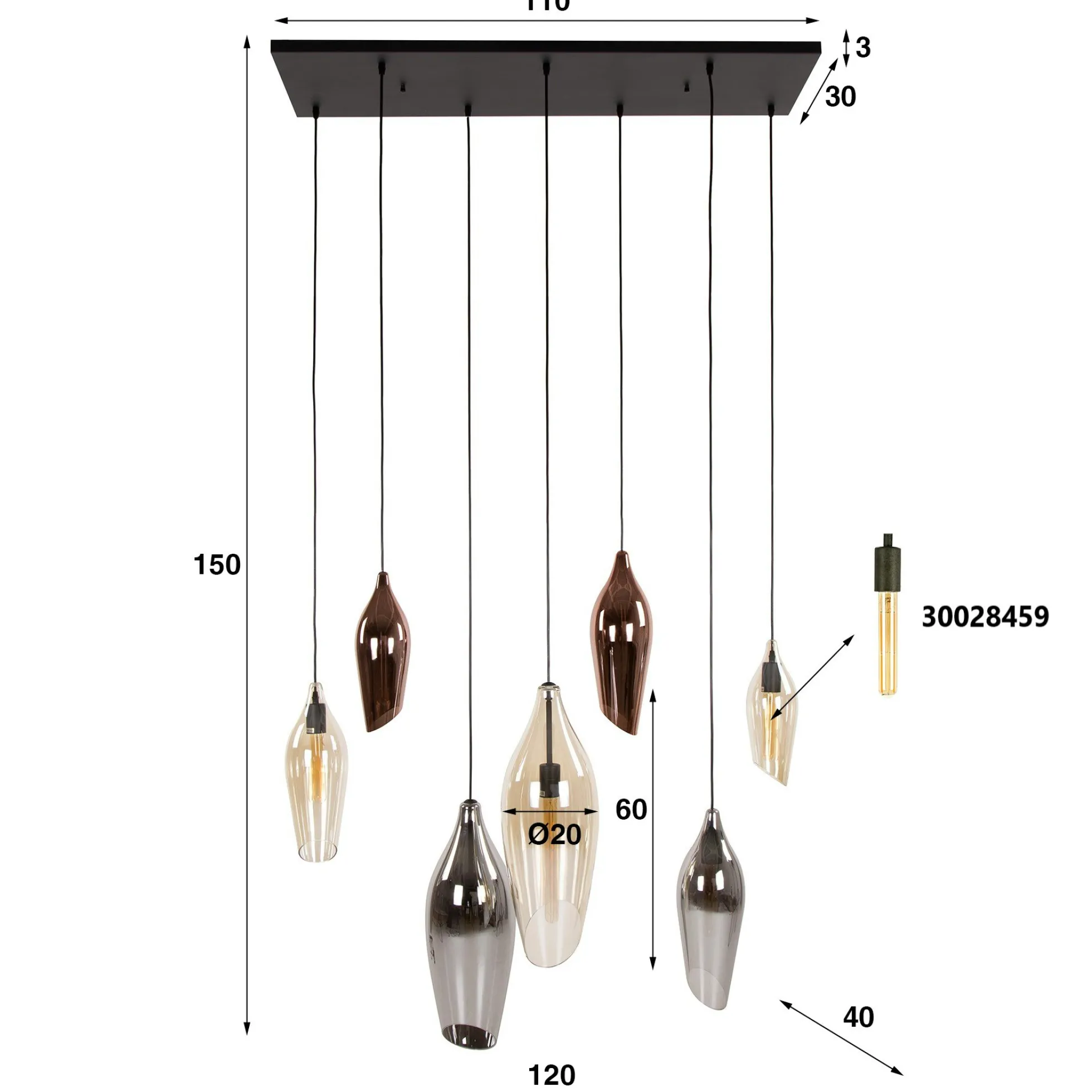 Suspension en verres assortis 7 abat-jour NIAGARA