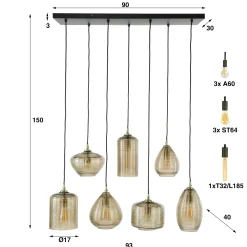 Suspension en verre strié 7 lampes ambrées NOVA