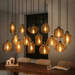 Suspension en verre strié 15 lampes ambrées NOVA