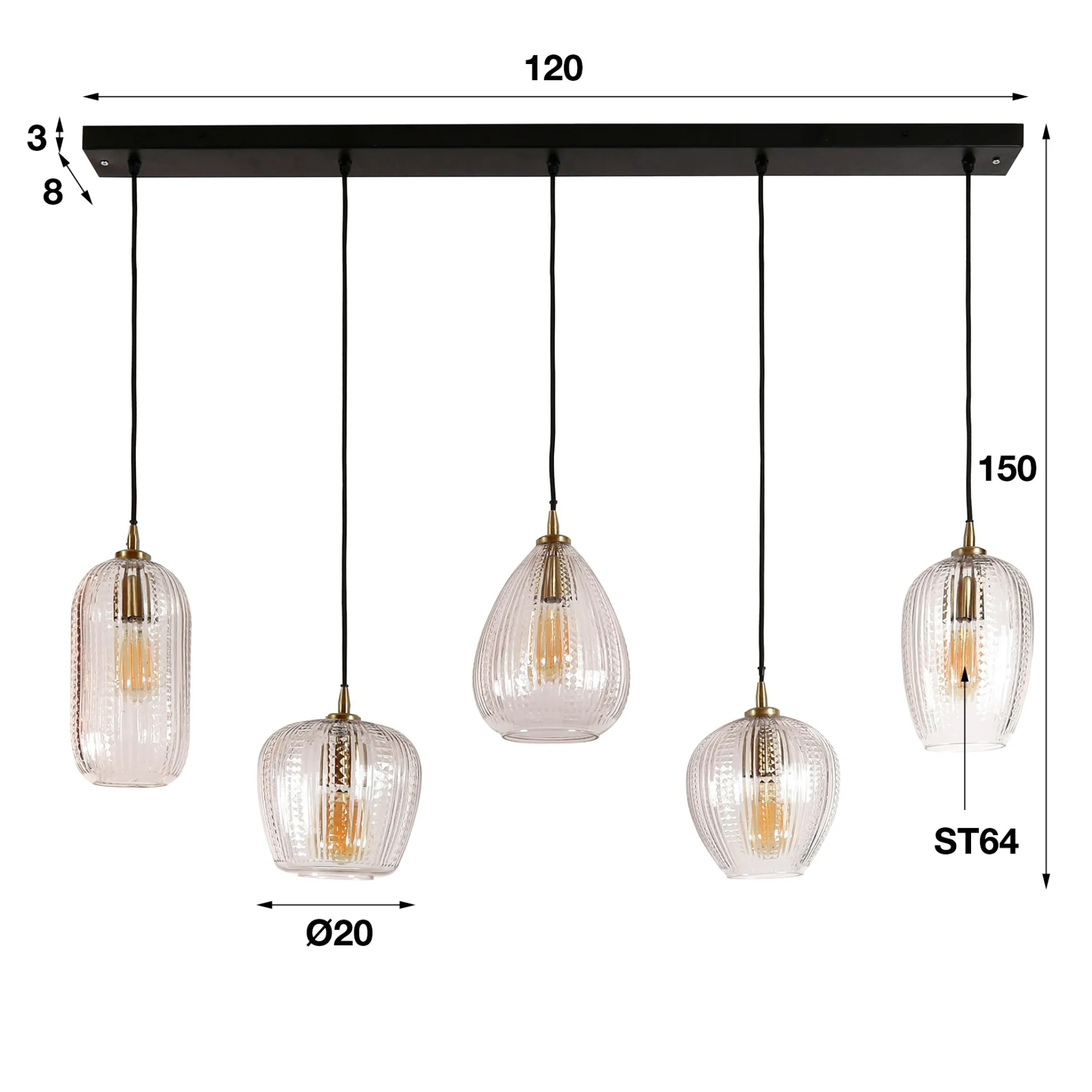 Suspension en verre travaillé 5 lampes NOVA