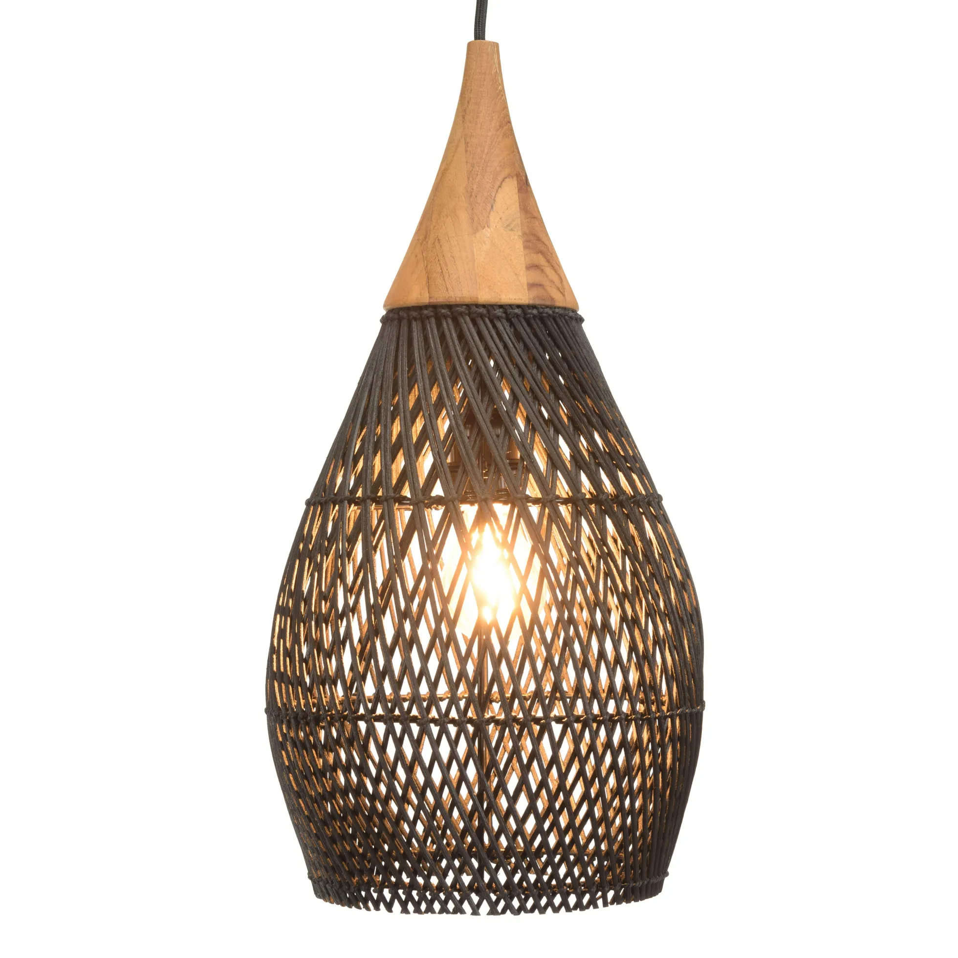 Suspension goutte 25x25cm en rotin couleur noire et teck FOLELLI