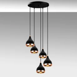 Suspension grappe moderne noire & cuivre, 5 abat-jour SILE