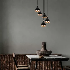 Suspension grappe moderne noire & cuivre, 5 abat-jour SILE
