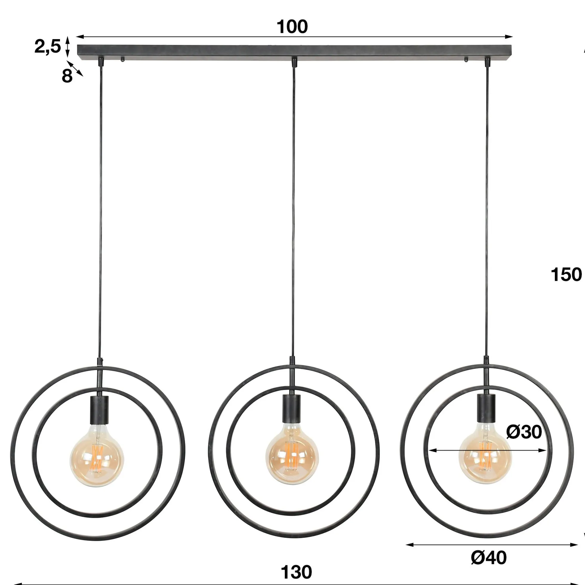Suspension industrielle 3 lampes anneaux croisés TRIBECA