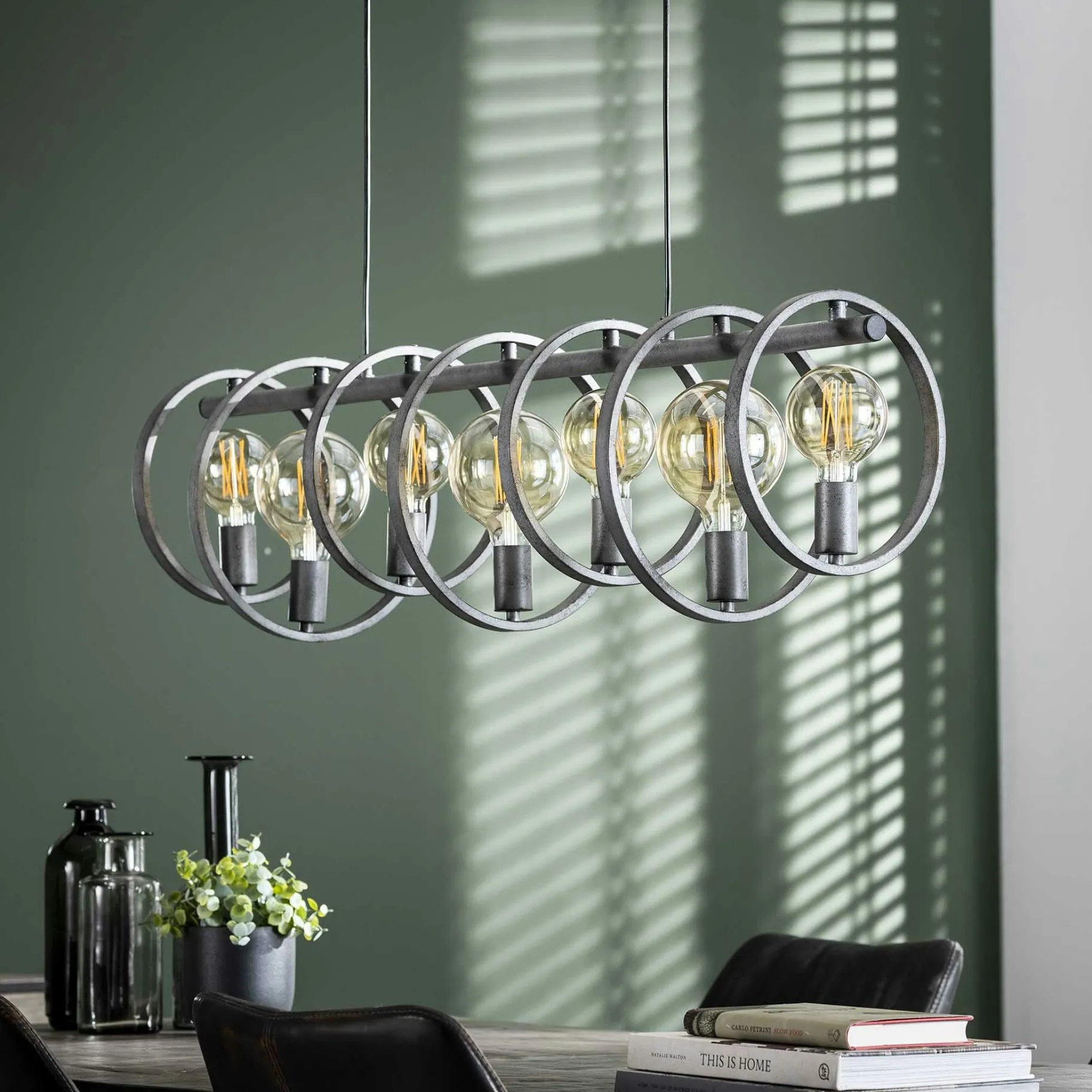 Suspension industrielle 7 lampes cercles finition argent vieilli RALF