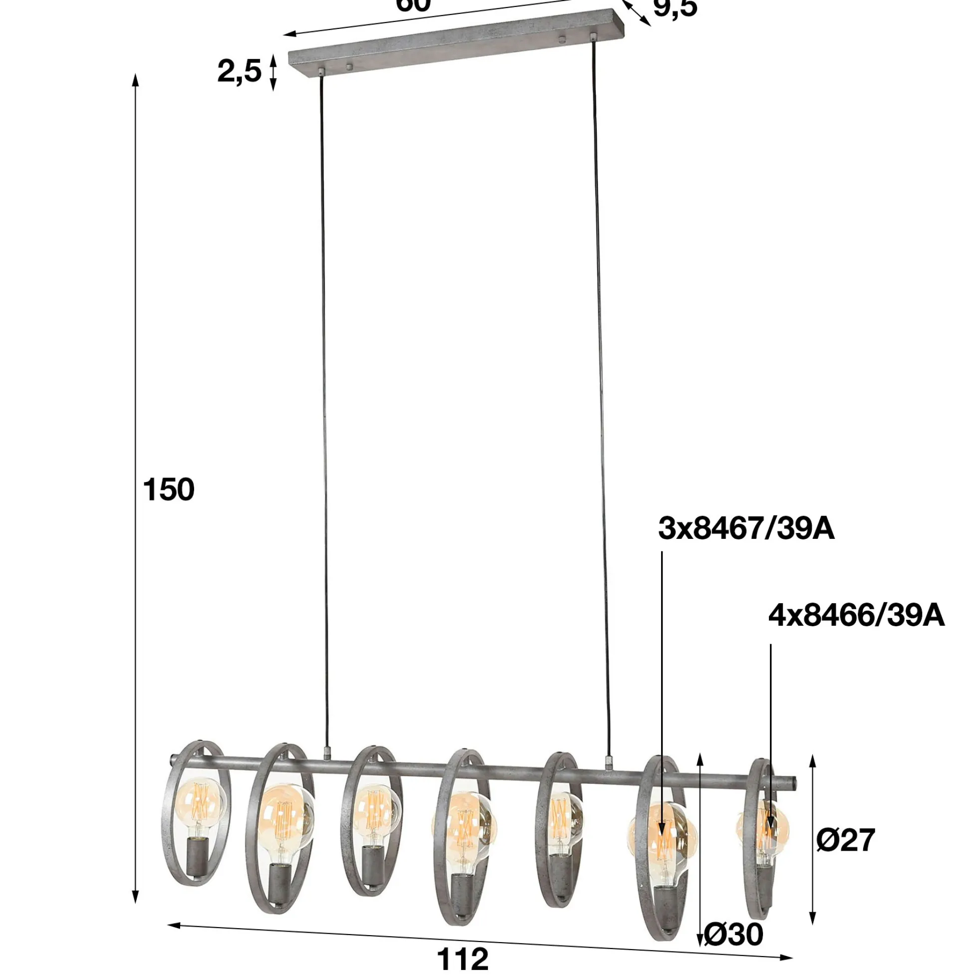 Suspension industrielle 7 lampes cercles finition argent vieilli RALF