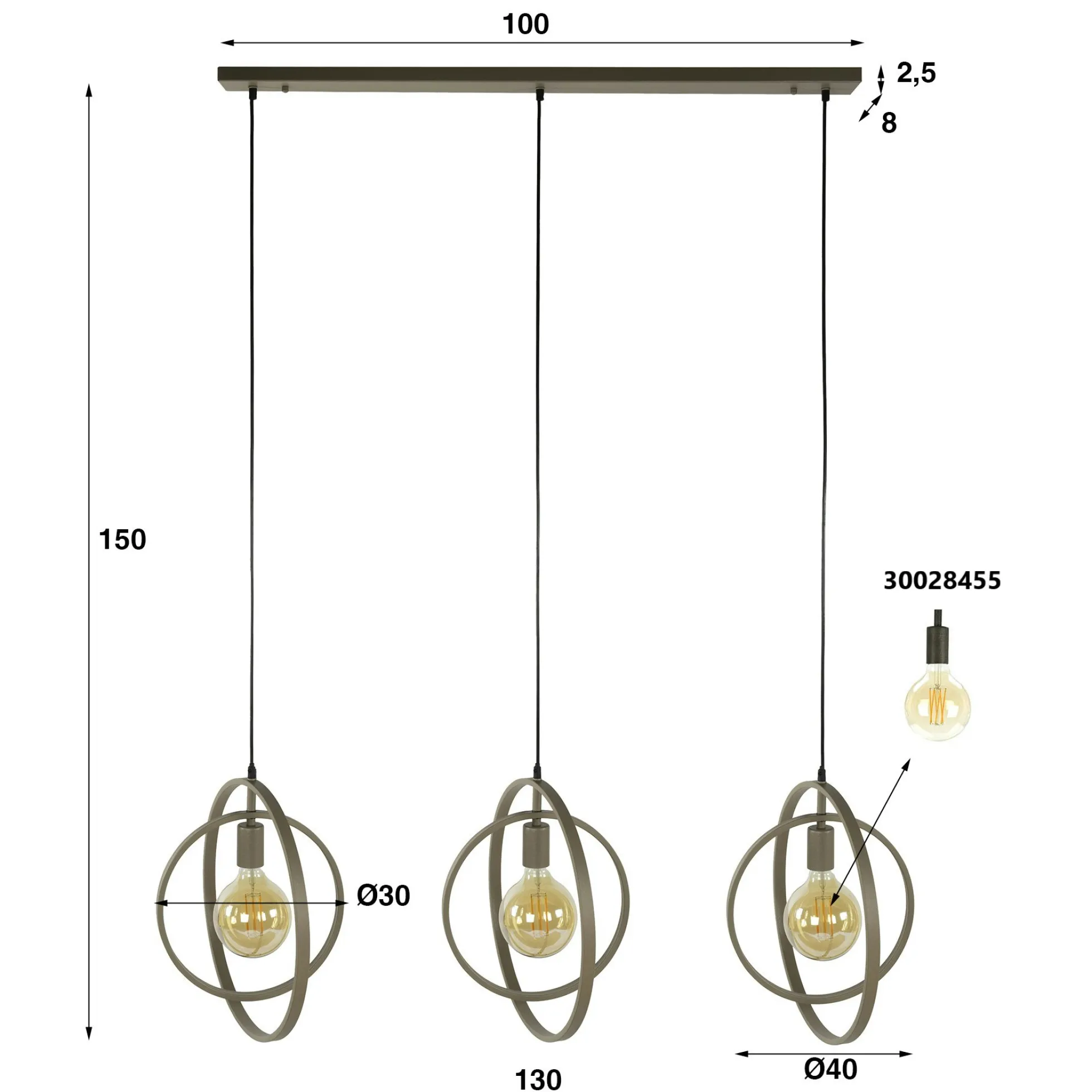 Suspension îlot beige mat, 3 anneaux pivotants métal TRIBECA