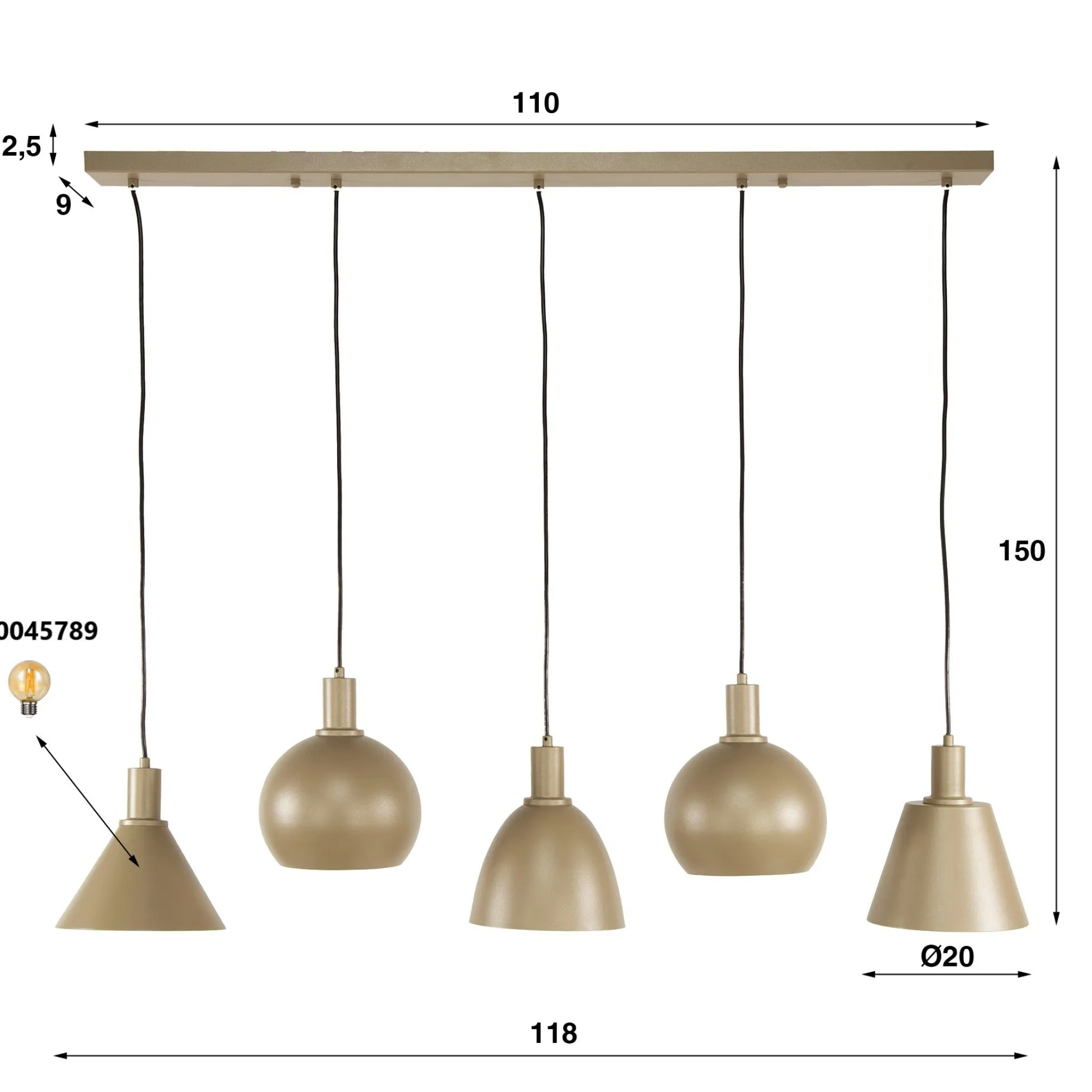 Suspension îlot cuisine 5 abat-jour métal beige TRIBECA