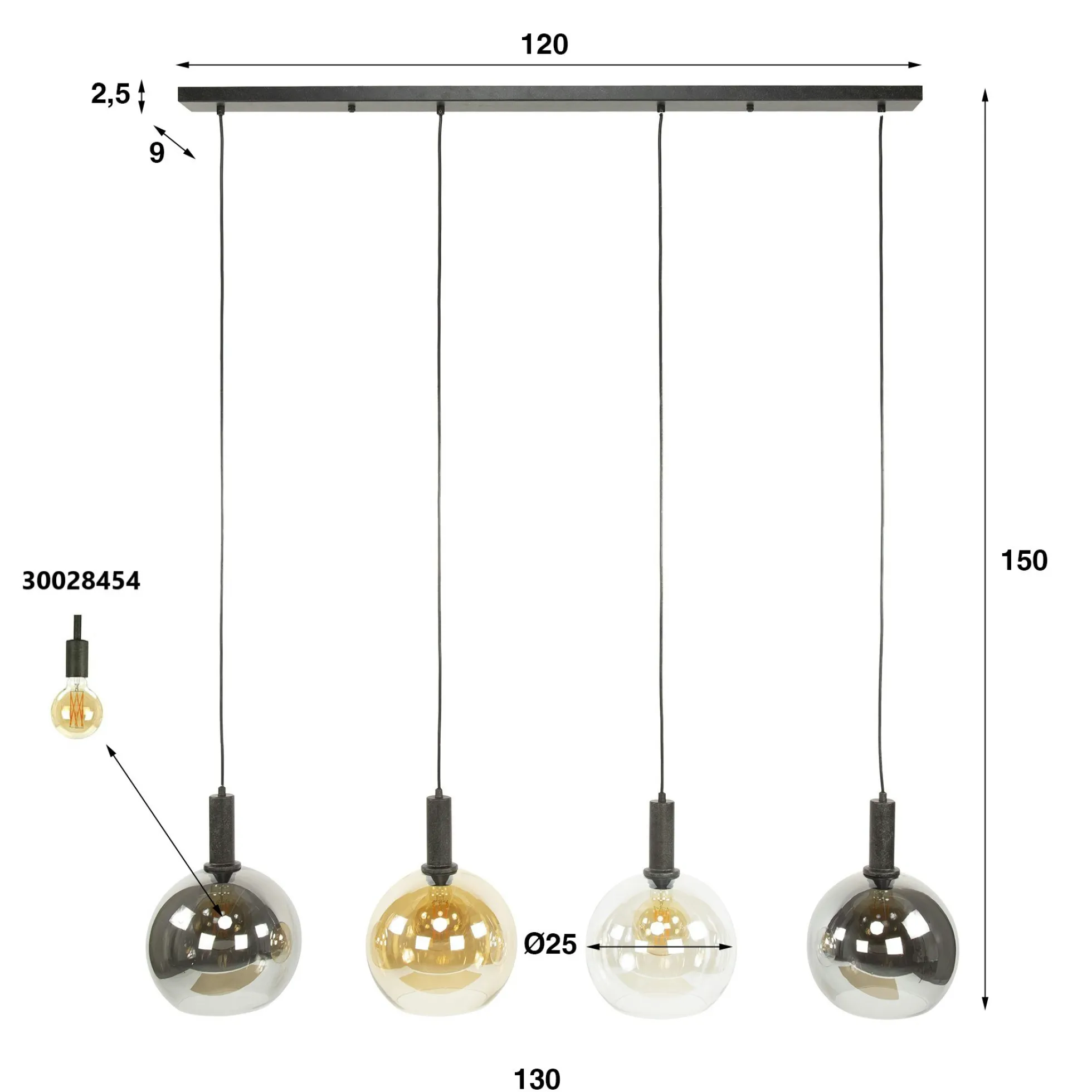Suspension îlot cuisine 4 globes multicolores NOVA