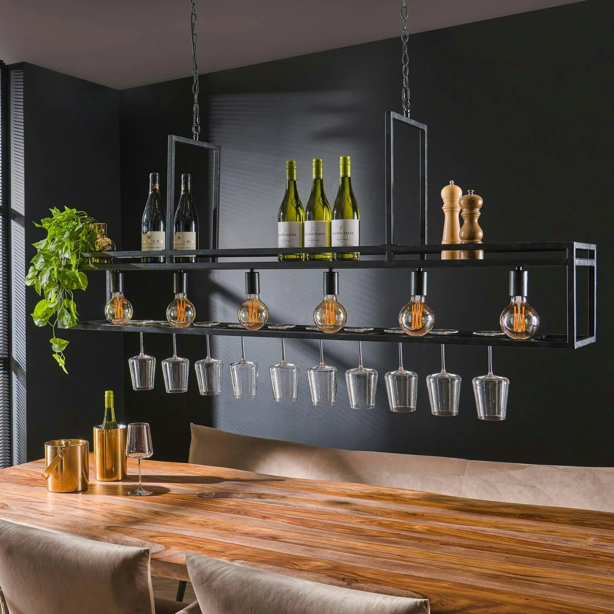Suspension îlot cuisine 6 lampes avec support verres à pied, finition charbon RALF