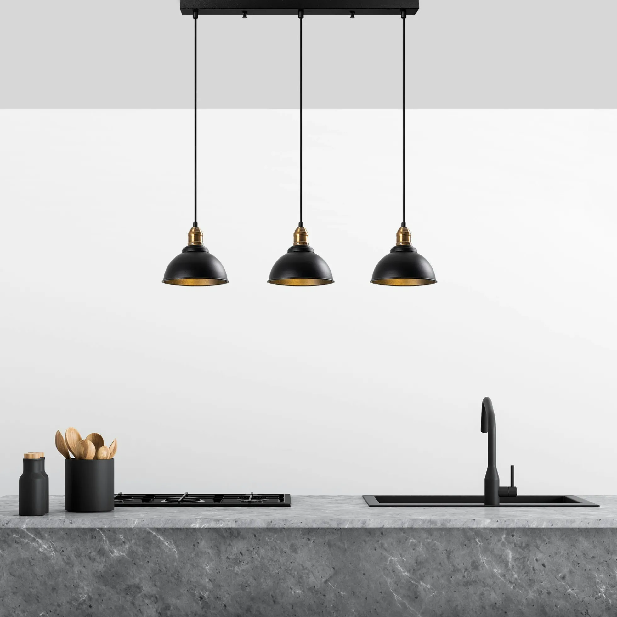 Suspension îlot cuisine – 3 lampes noir et or SILE