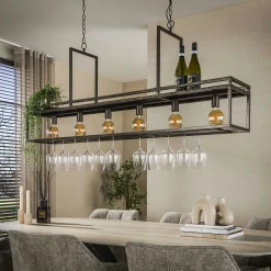 Suspension îlot cuisine métal brun avec support verres à pied 6 lampes RALF