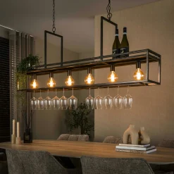 Suspension îlot cuisine métal brun avec support verres à pied 6 lampes RALF