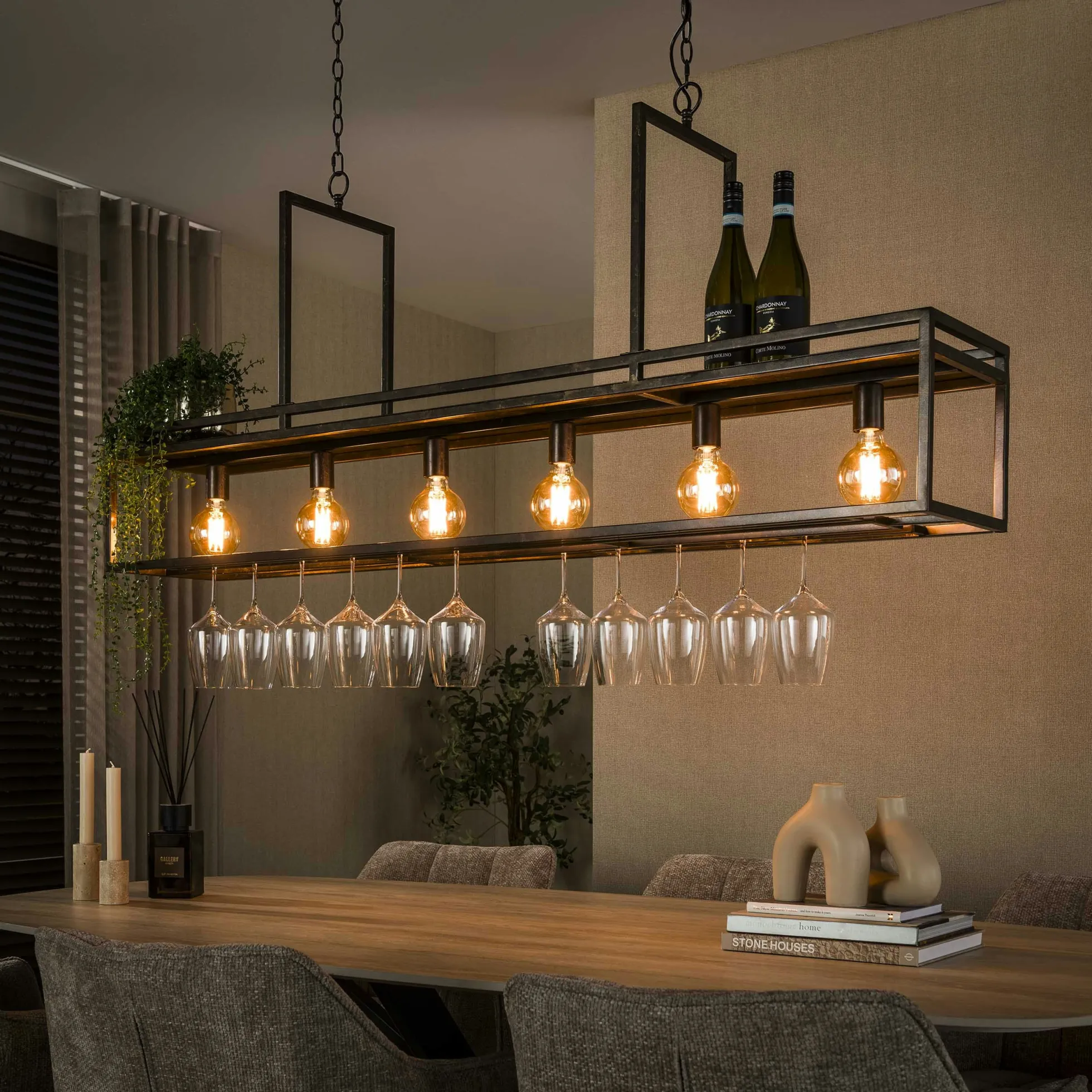 Suspension îlot cuisine métal brun avec support verres à pied 6 lampes RALF