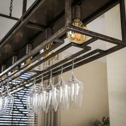 Suspension îlot cuisine métal brun avec support verres à pied 6 lampes RALF