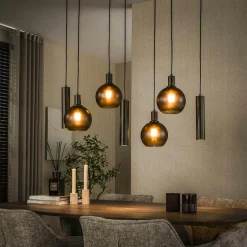 Suspension îlot cuisine verre brun givré métal bronze 7 lampes NOVA