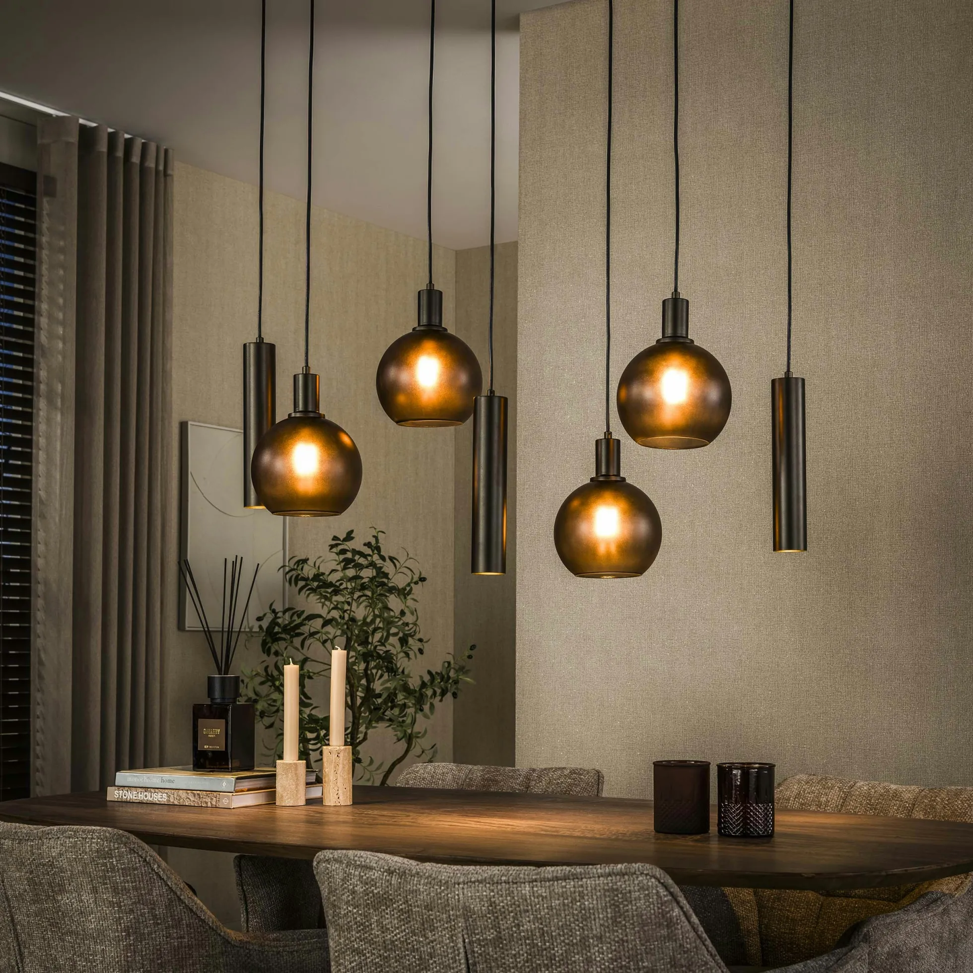 Suspension îlot cuisine verre brun givré métal bronze 7 lampes NOVA