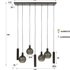Suspension îlot cuisine verre brun givré métal bronze 7 lampes NOVA