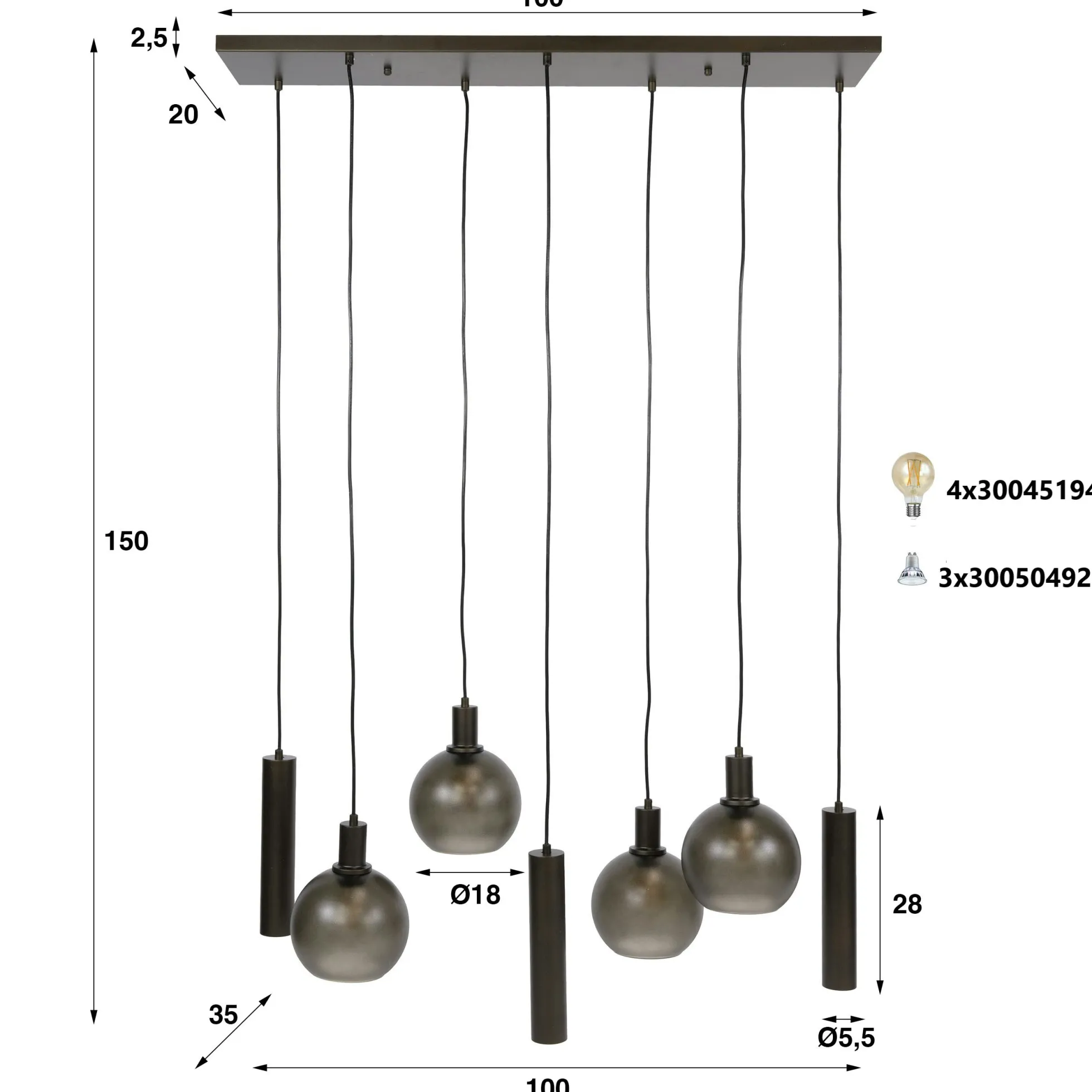 Suspension îlot cuisine verre brun givré métal bronze 7 lampes NOVA